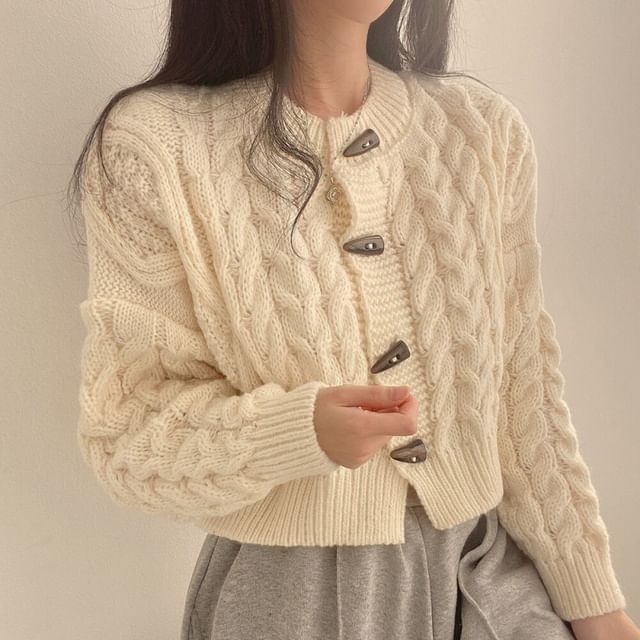 Tulstrix-Crew Neck Plain Toggle Cable Knit Crop Cardigan
