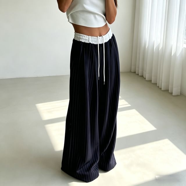 Tulstrix-Drawstring Waist Pinstriped Wide Leg Pants