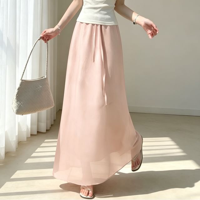 Tulstrix-Drawstring Waist Plain Maxi A-Line Skirt