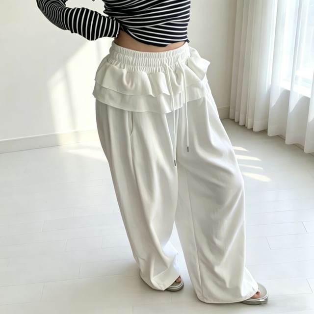 Tulstrix-Drawstring Waist Plain Ruffle Trim Wide Leg Pants