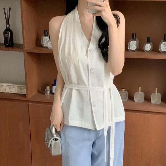 Tulstrix-Halter V-Neck Tie Waist Button-Up Plain Top
