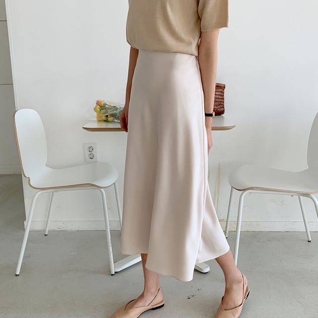 Tulstrix-High Waist Plain Midi A-Line Skirt