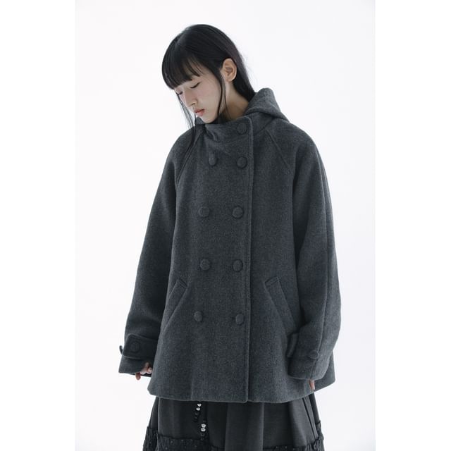 Tulstrix-Hooded Double-Breasted Plain Coat