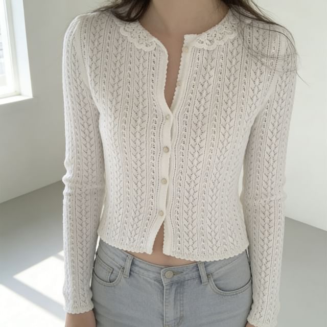 Tulstrix-Lace Collar Plain Crochet Cardigan