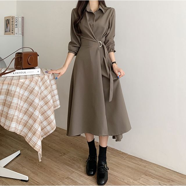 Tulstrix-Long-Sleeve Collared Plain Belted Midi A-Line Dress