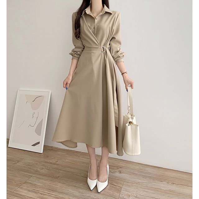 Tulstrix-Long-Sleeve Collared Plain Belted Midi A-Line Dress