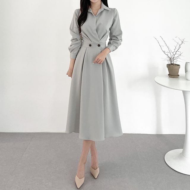 Tulstrix-Long-Sleeve Collared Plain Midi A-Line Dress