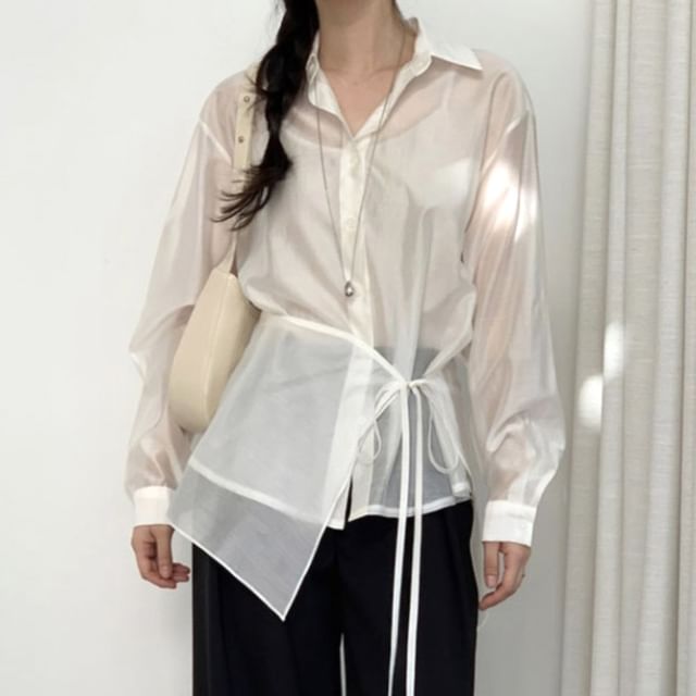 Tulstrix-Long-Sleeve Collared Plain Tie Waist Button Up Shirt