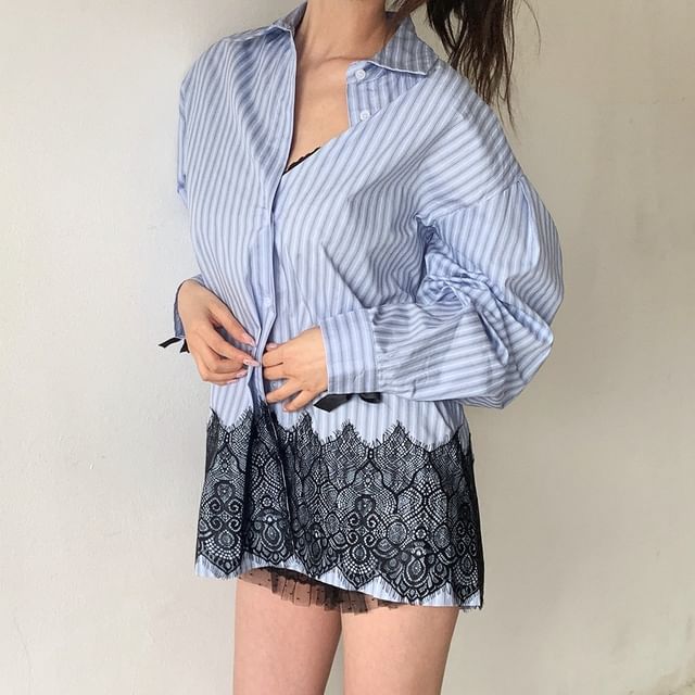 Tulstrix-Long Sleeve Collared Striped Lace Panel Oversized Button Up Shirt