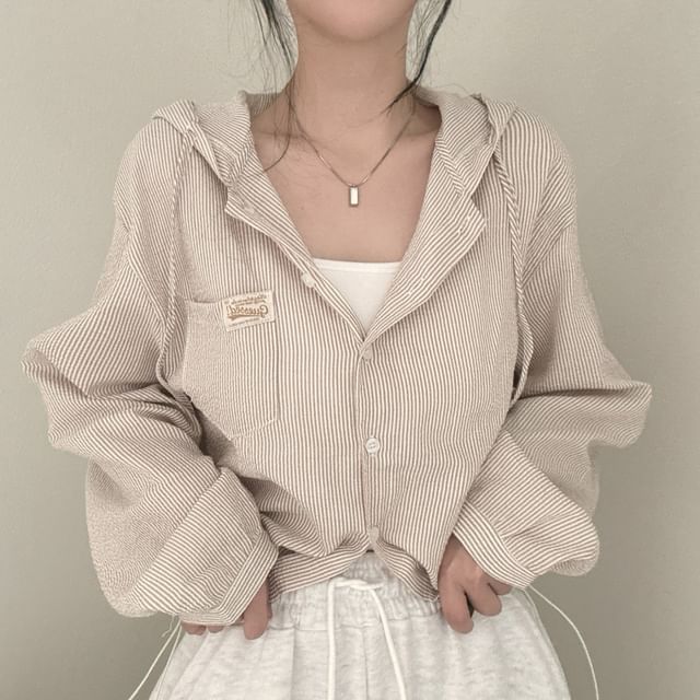Tulstrix-Long-Sleeve Hooded Striped Button Up Shirt
