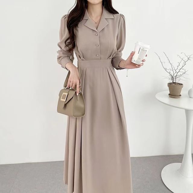 Tulstrix-Long-Sleeve Lapel Collar Pleated Half-Buttoned Plain Midi A-Line Dress