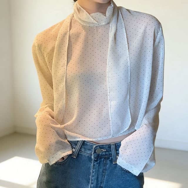Tulstrix-Long-Sleeve Mock Neck Micro Dot Sheer Crop Blouse