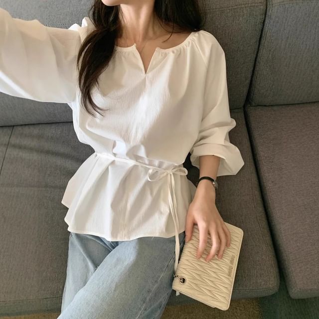 Tulstrix-Long-Sleeve Notch Neck Plain Sashed Blouse