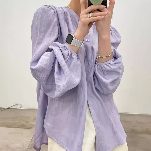 Tulstrix-Long-Sleeve Round Neck Plain Blouse