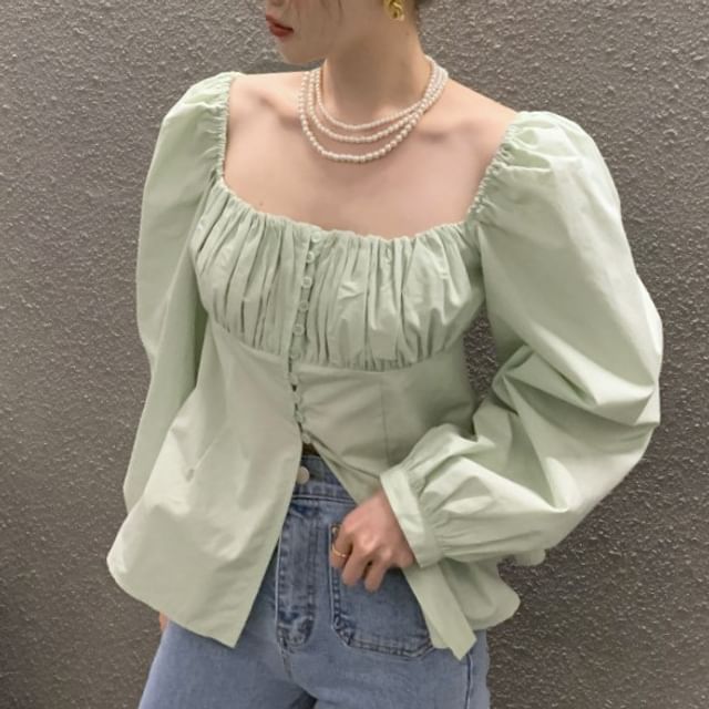 Tulstrix-Long-Sleeve Square Neck Plain Ruched Blouse