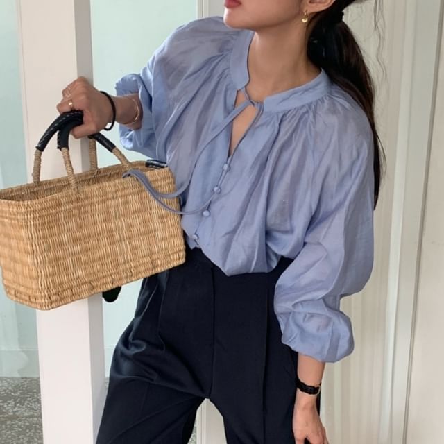 Tulstrix-Long-Sleeve Tie Neck Plain Blouse