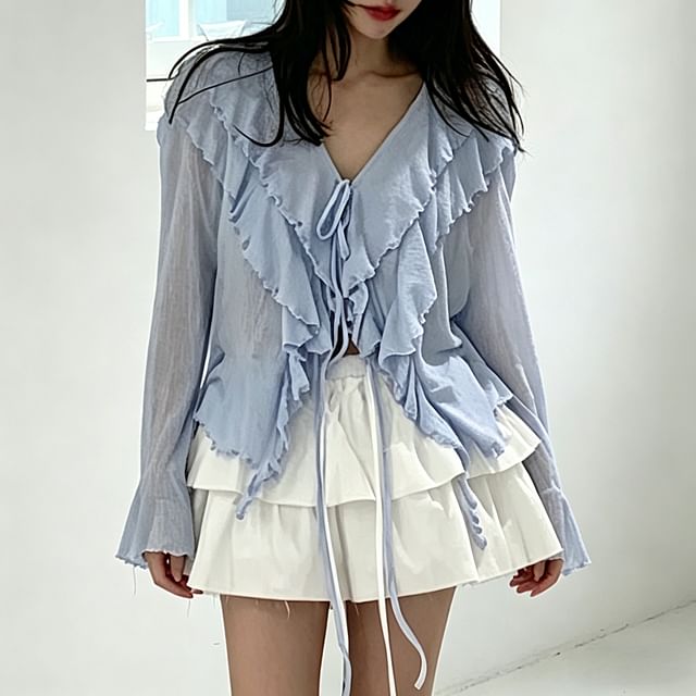 Tulstrix-Long-Sleeve V-Neck Plain Ruffle Trim Blouse
