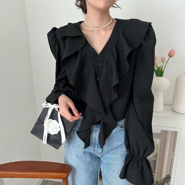 Tulstrix-Long-Sleeve V-Neck Plain Ruffle Trim Blouse