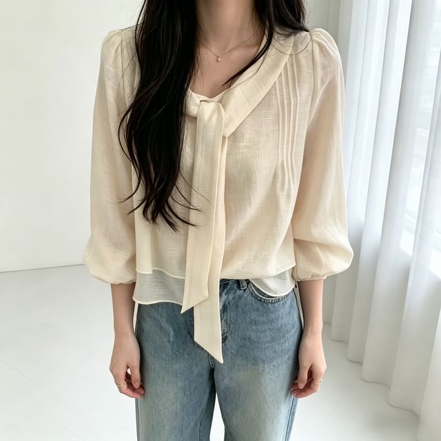 Tulstrix-Long-Sleeve V-Neck Tie Front Blouse