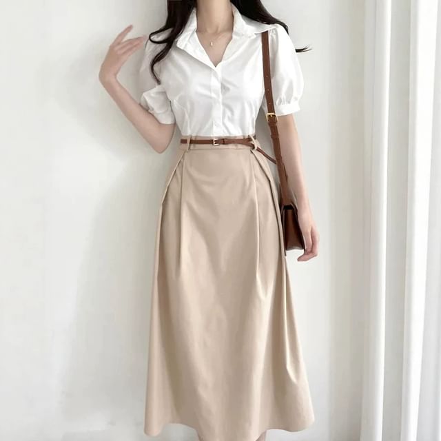 Tulstrix-Mid Rise Plain Pleated Midi A-Line Skirt