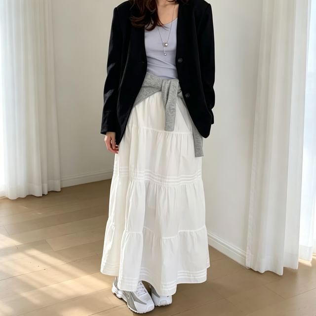 Tulstrix-Mid Waist Plain Maxi A-Line Skirt