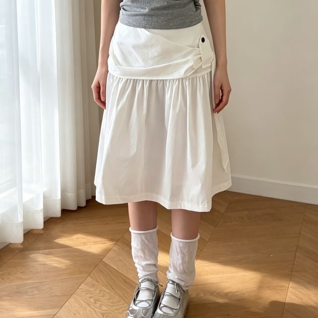 Tulstrix-Mid Waist Plain Midi A-Line Skirt