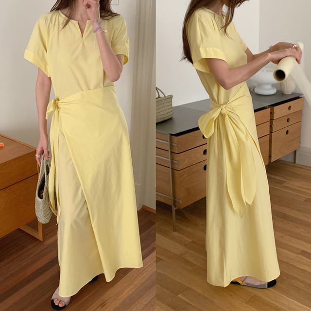 Tulstrix-Mock Two-Piece Short-Sleeve Notch Neck Plain Knot Maxi A-Line Dress