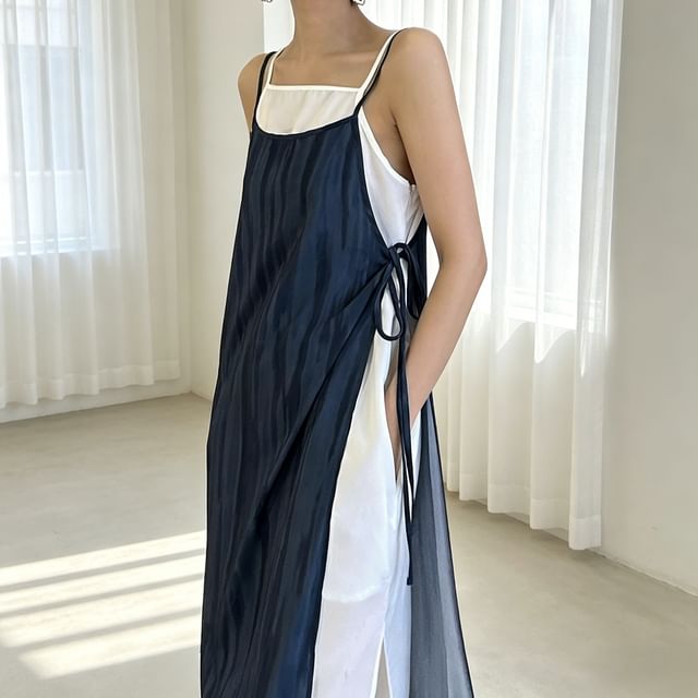Tulstrix-Mock Two-Piece Spaghetti Strap Two Tone Maxi A-Line Dress
