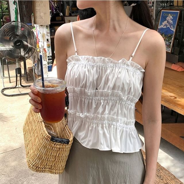 Tulstrix-Plain Frill Trim Tie Back Crop Cami Top