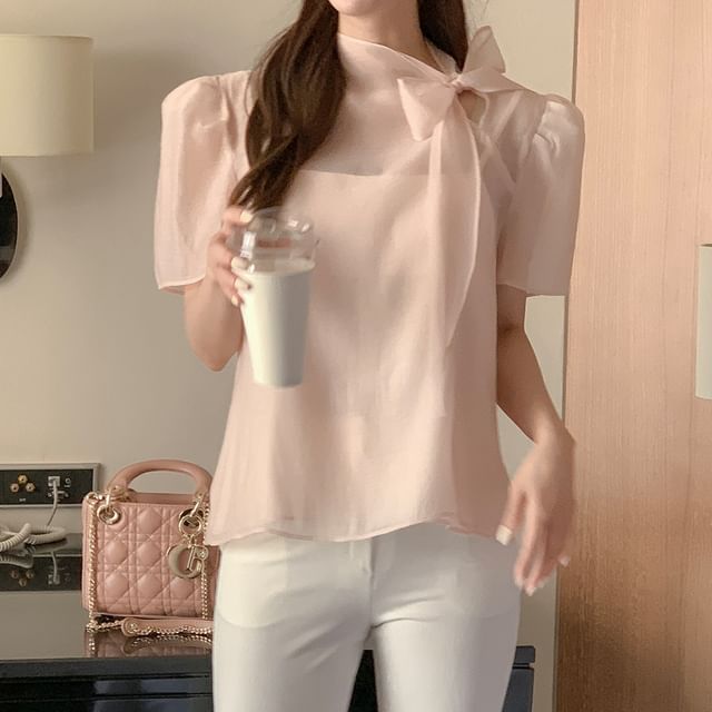 Tulstrix-Puff Short-Sleeve Crew Neck Plain Blouse