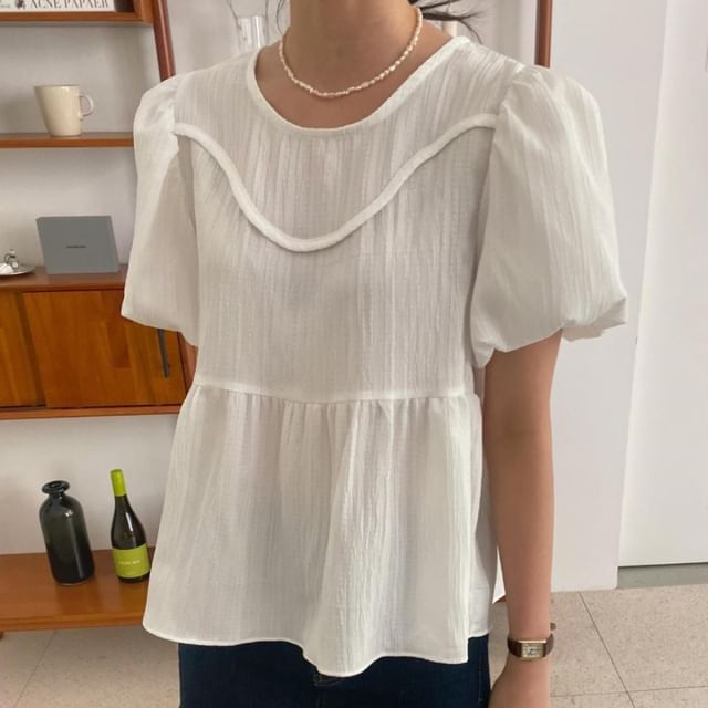 Tulstrix-Puff-Sleeve Crew Neck Plain Peplum Blouse