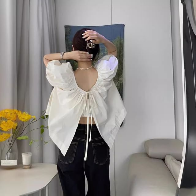 Tulstrix-Puff-Sleeve Crew Neck Plain Ruched Tie Back Crop Blouse