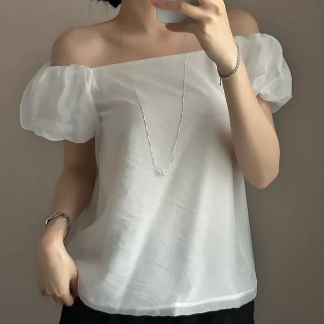 Tulstrix-Puff-Sleeve Off-Shoulder Plain Blouse