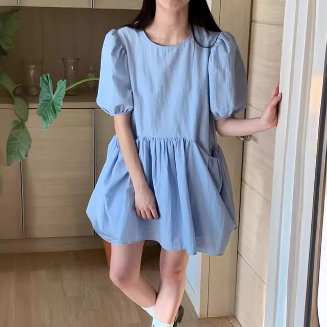Tulstrix-Puff-Sleeve Round Neck Plain Ruched Tunic Dress