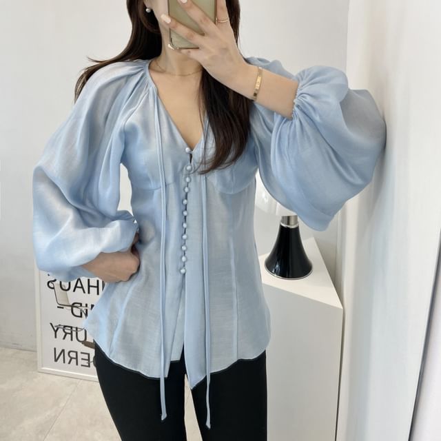 Tulstrix-Puff-Sleeve V-Neck Plain Front-Slit Blouse
