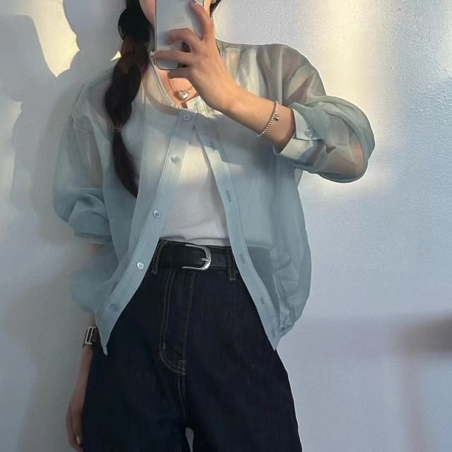 Tulstrix-Round Neck Plain Sheer Light Jacket