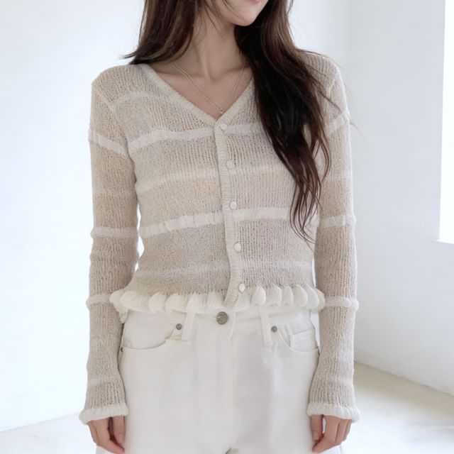 Tulstrix-Round Neck Striped Ruffle Trim Button Up Cardigan
