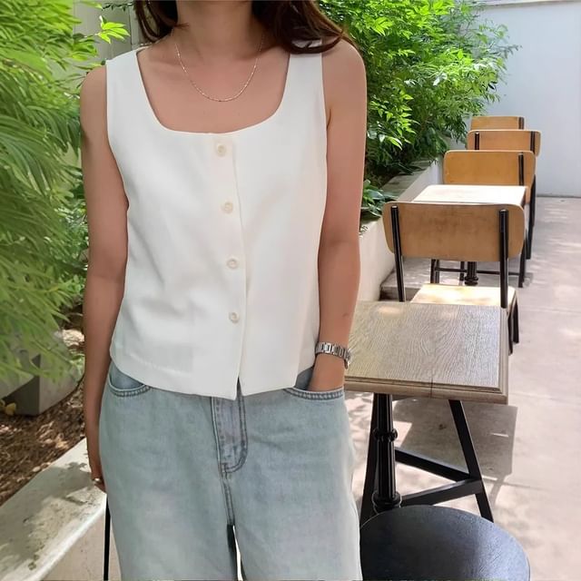 Tulstrix-Scoop Neck Button-Up Plain Tank Top