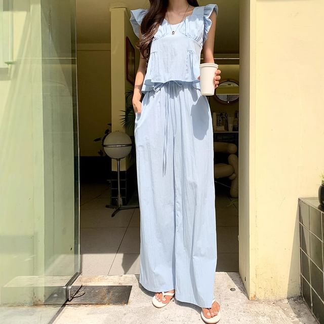 Tulstrix-Set Cap-Sleeve Plain Ruffle Trim Blouse Drawstring Waist Wide Leg Pants