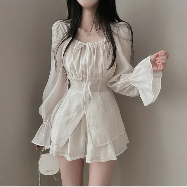 Tulstrix-Set Long-Sleeve Square Neck Ruched Button-Up Plain Blouse High Waist Wide Leg Shorts