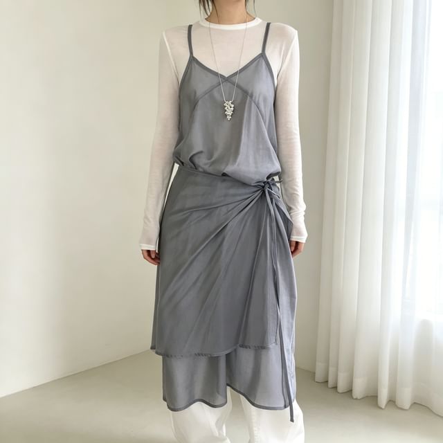 Tulstrix-Set Spaghetti Strap V-Neck Plain Mesh Midi A-Line Dress Wrap Skirt