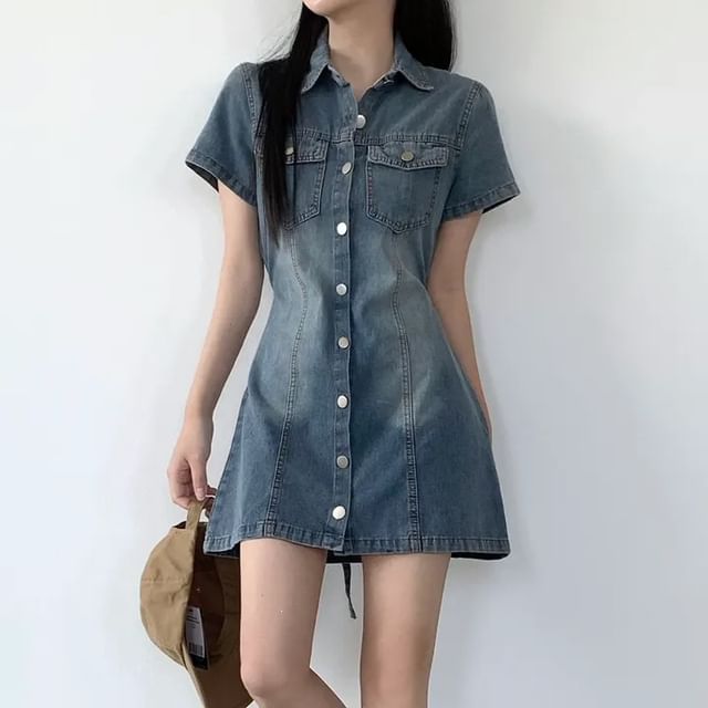 Tulstrix-Short-Sleeve Collared Button-Up Denim Mini A-Line Dress
