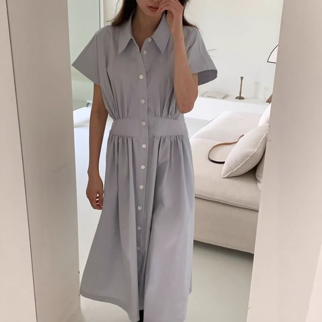 Tulstrix-Short-Sleeve Collared Button-Up Plain Ruched Midi A-Line Dress