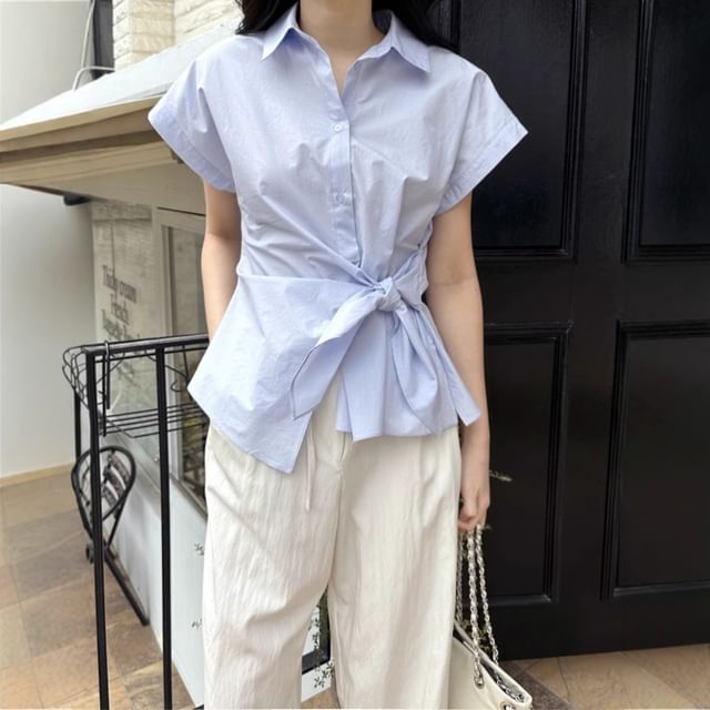 Tulstrix-Short-Sleeve Collared Plain Asymmetrical Tie Waist Blouse
