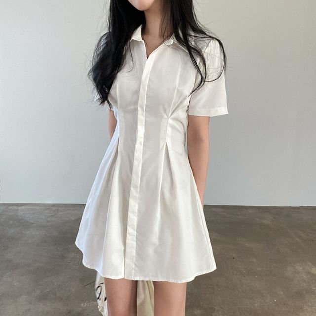 Tulstrix-Short-Sleeve Collared Plain Button Up Mini Shirt Dress