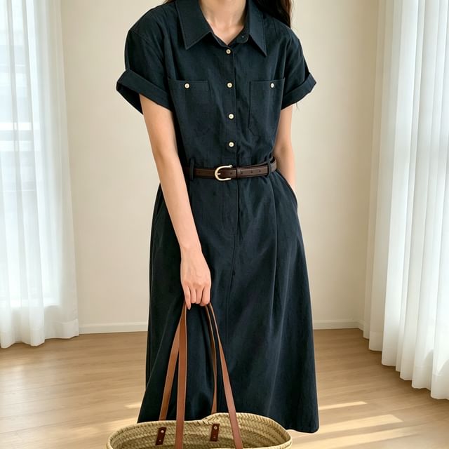 Tulstrix-Short-Sleeve Collared Plain Buttoned Maxi A-Line Dress