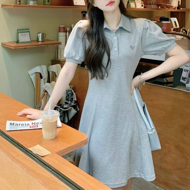 Tulstrix-Short-Sleeve Collared Plain Mini A-Line Dress