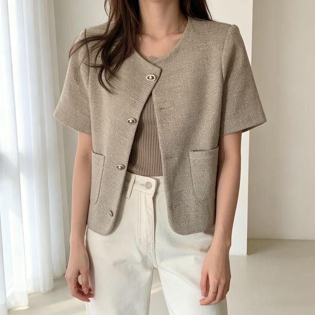 Tulstrix-Short-Sleeve Crew Neck Button-Up Tweed Jacket
