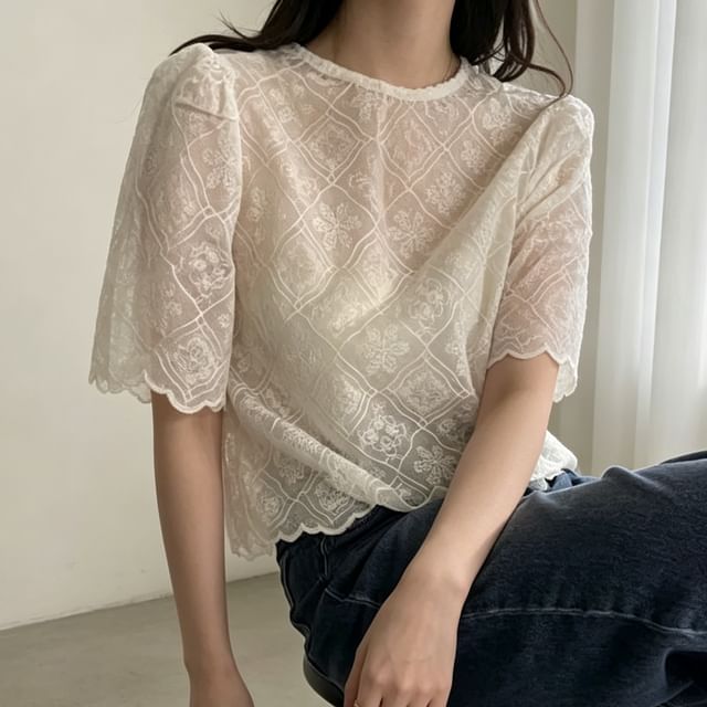 Tulstrix-Short-Sleeve Crew Neck Lace Crop Blouse