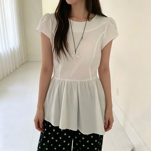 Tulstrix-Short-Sleeve Crew Neck Plain Asymmetrical Peplum Blouse